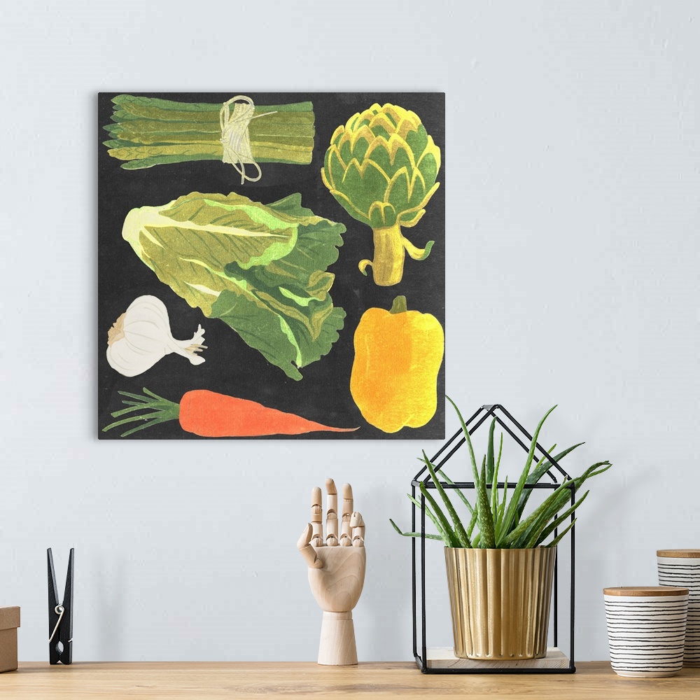 A bohemian room featuring Contemporary artwork of a variety of vegetables in a chalkboard style.