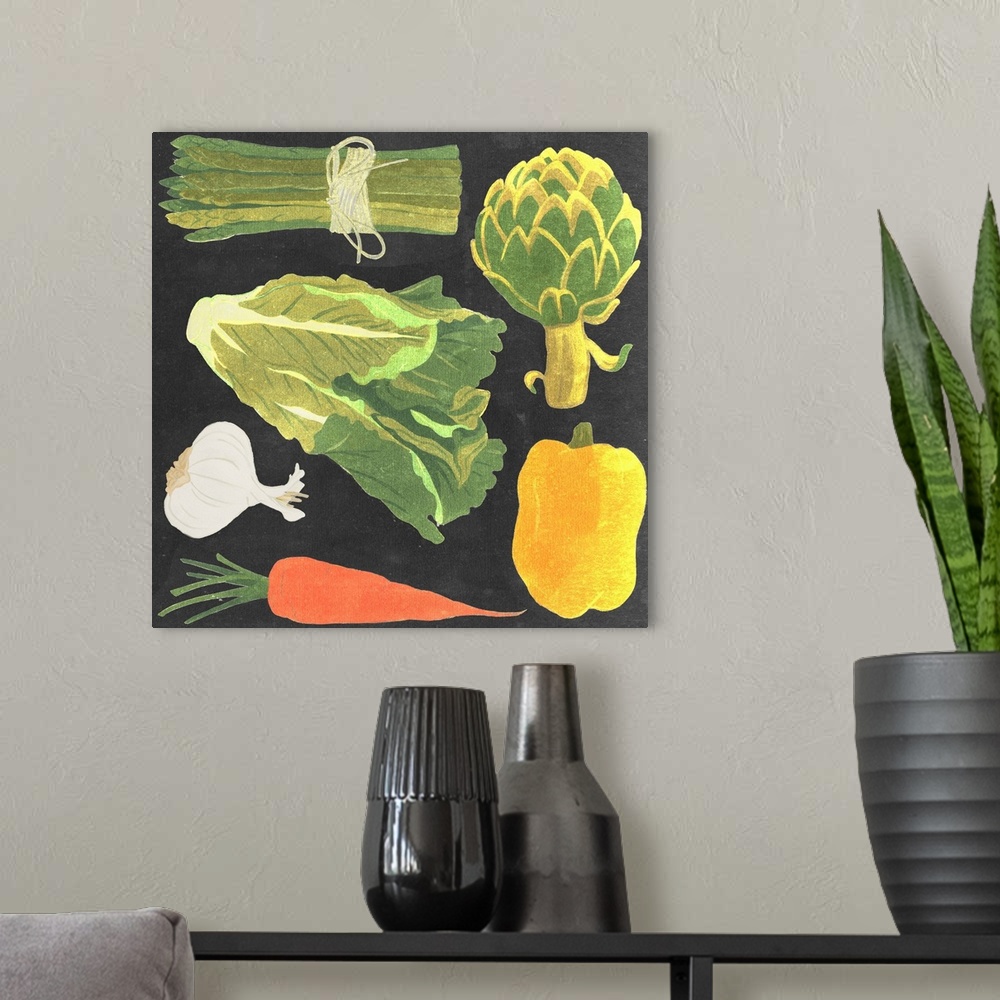 A modern room featuring Contemporary artwork of a variety of vegetables in a chalkboard style.