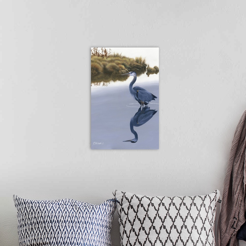 A bohemian room featuring Contemporary painting of a heron standing in still water.
