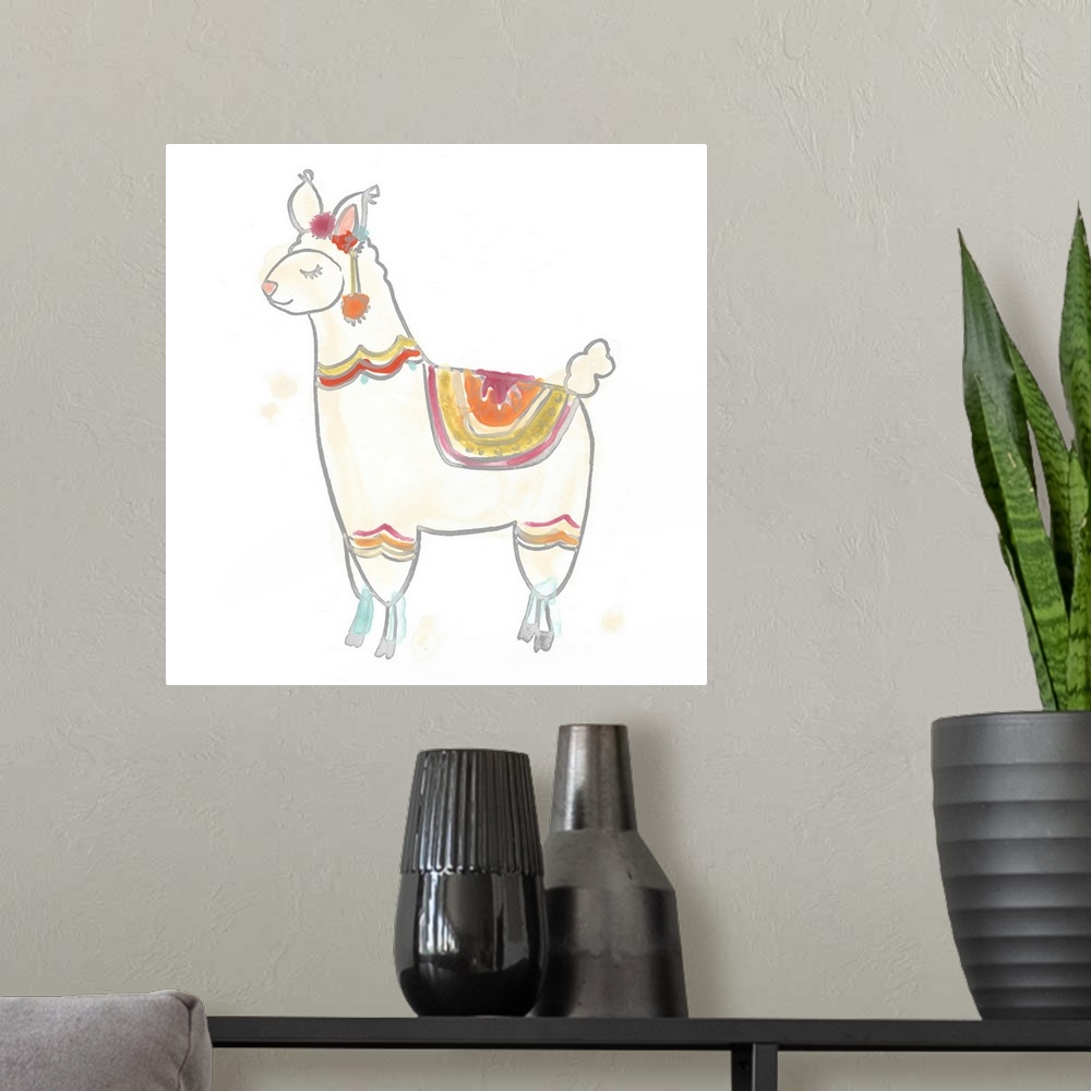 A modern room featuring This decorative artwork features an adorable llama painted with a colorful saddle and reins again...