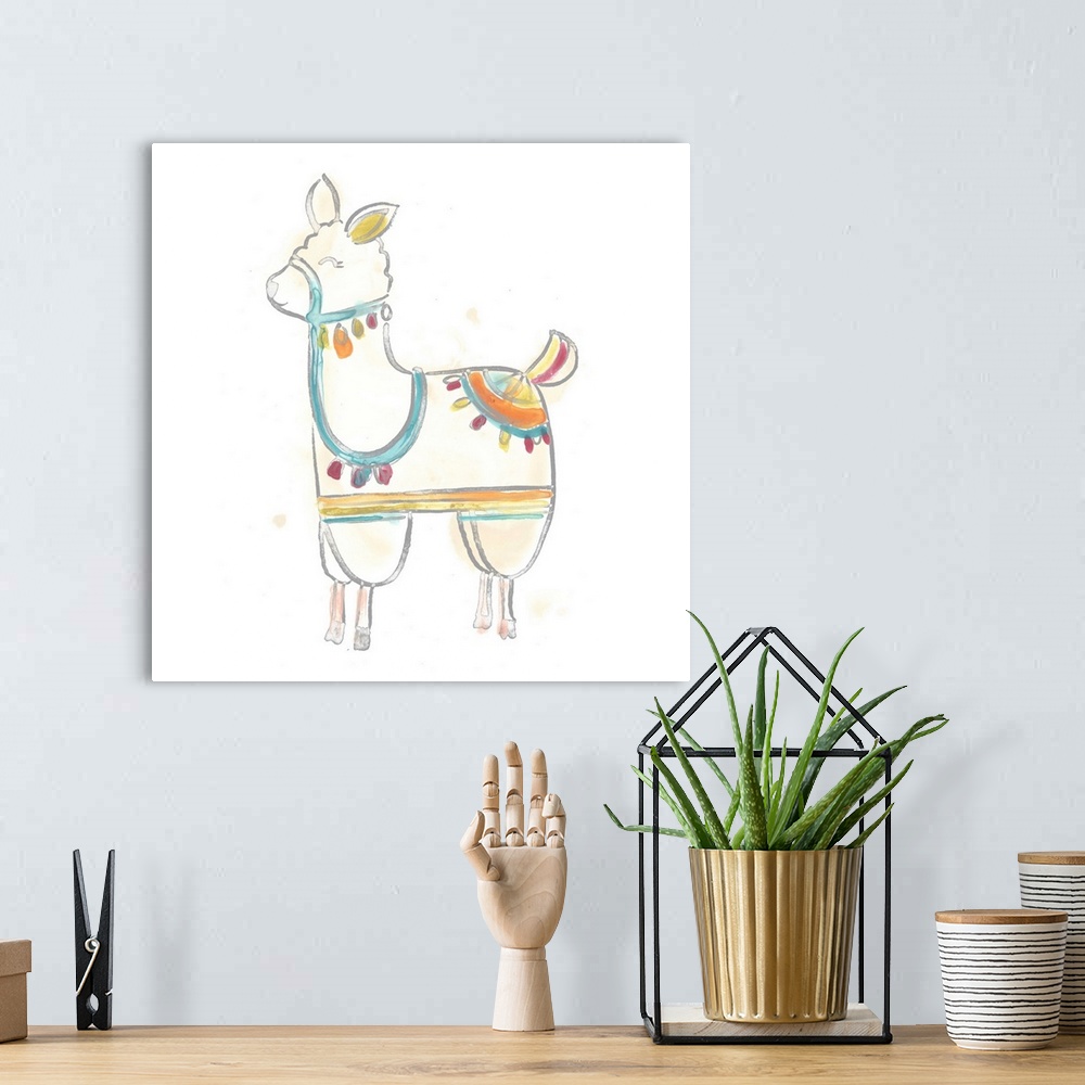 A bohemian room featuring This decorative artwork features an adorable llama painted with a colorful saddle and reins again...