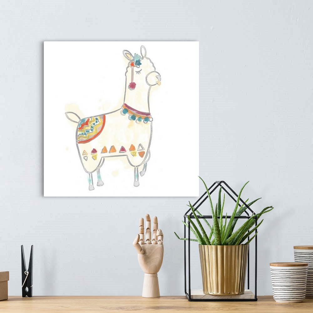 A bohemian room featuring This decorative artwork features an adorable llama painted with a colorful saddle and reins again...