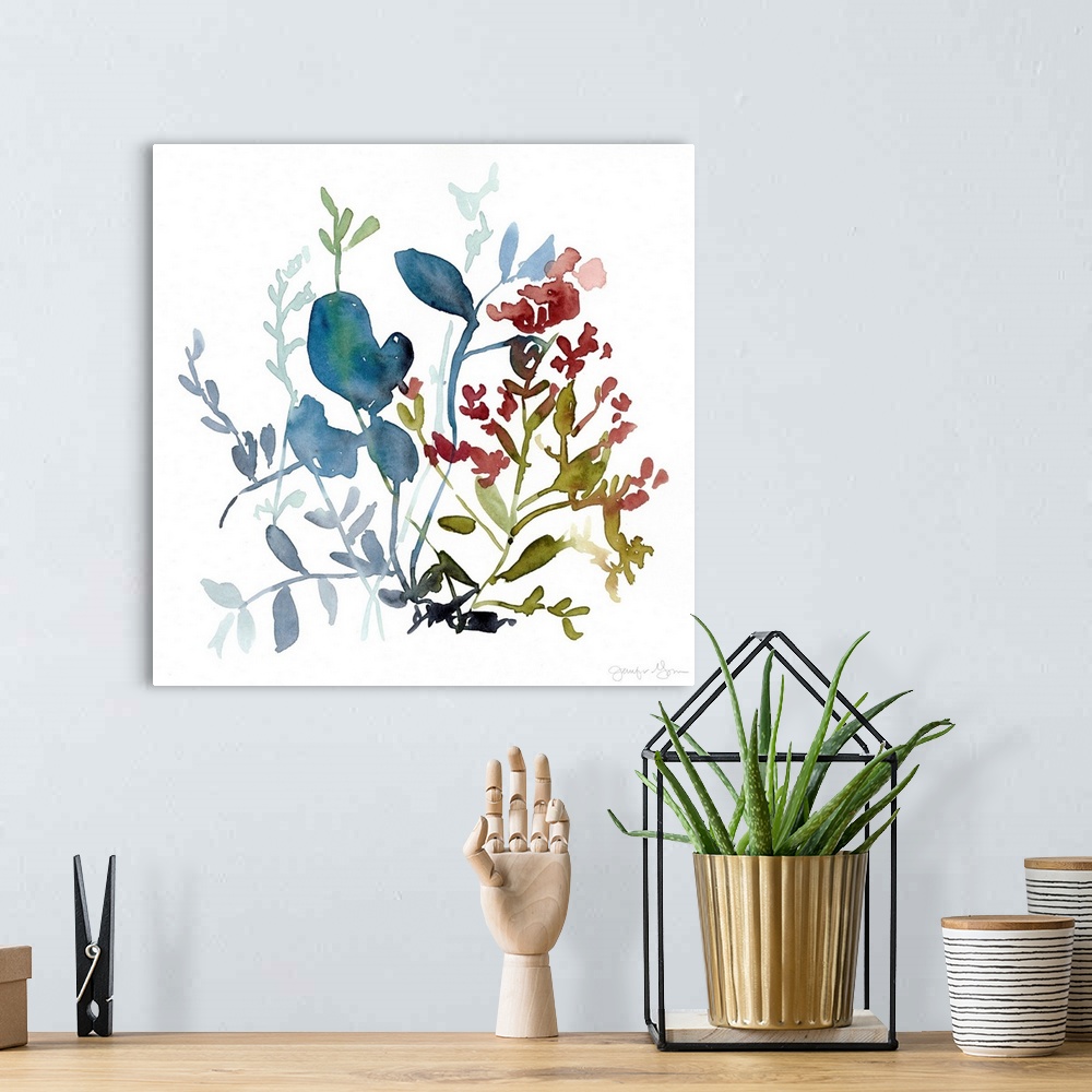 A bohemian room featuring Watercolor painting of an assortment of flowers and leaves.