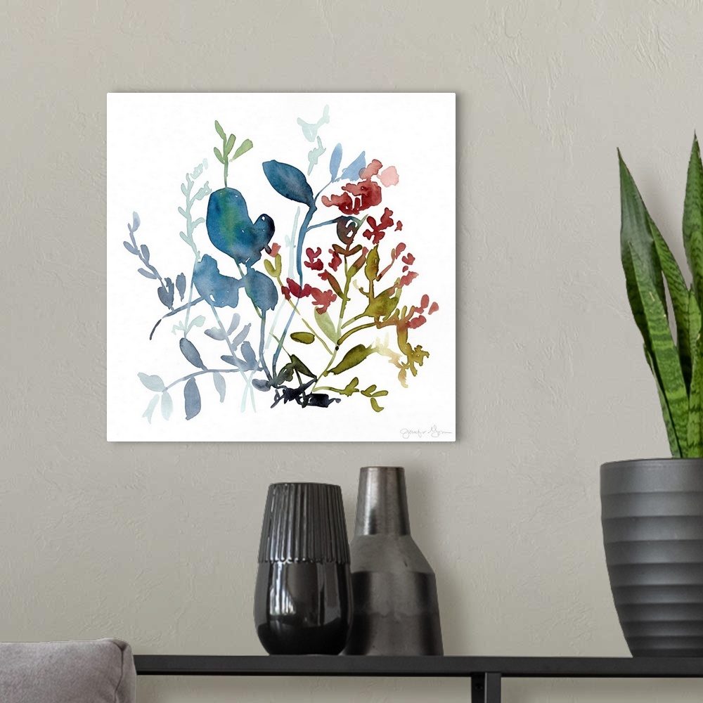 A modern room featuring Watercolor painting of an assortment of flowers and leaves.