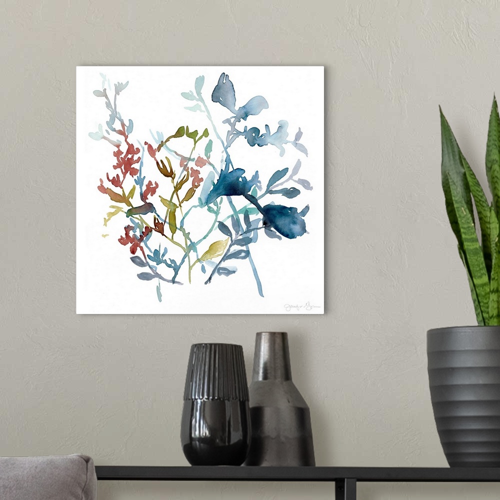 A modern room featuring Watercolor painting of an assortment of flowers and leaves.