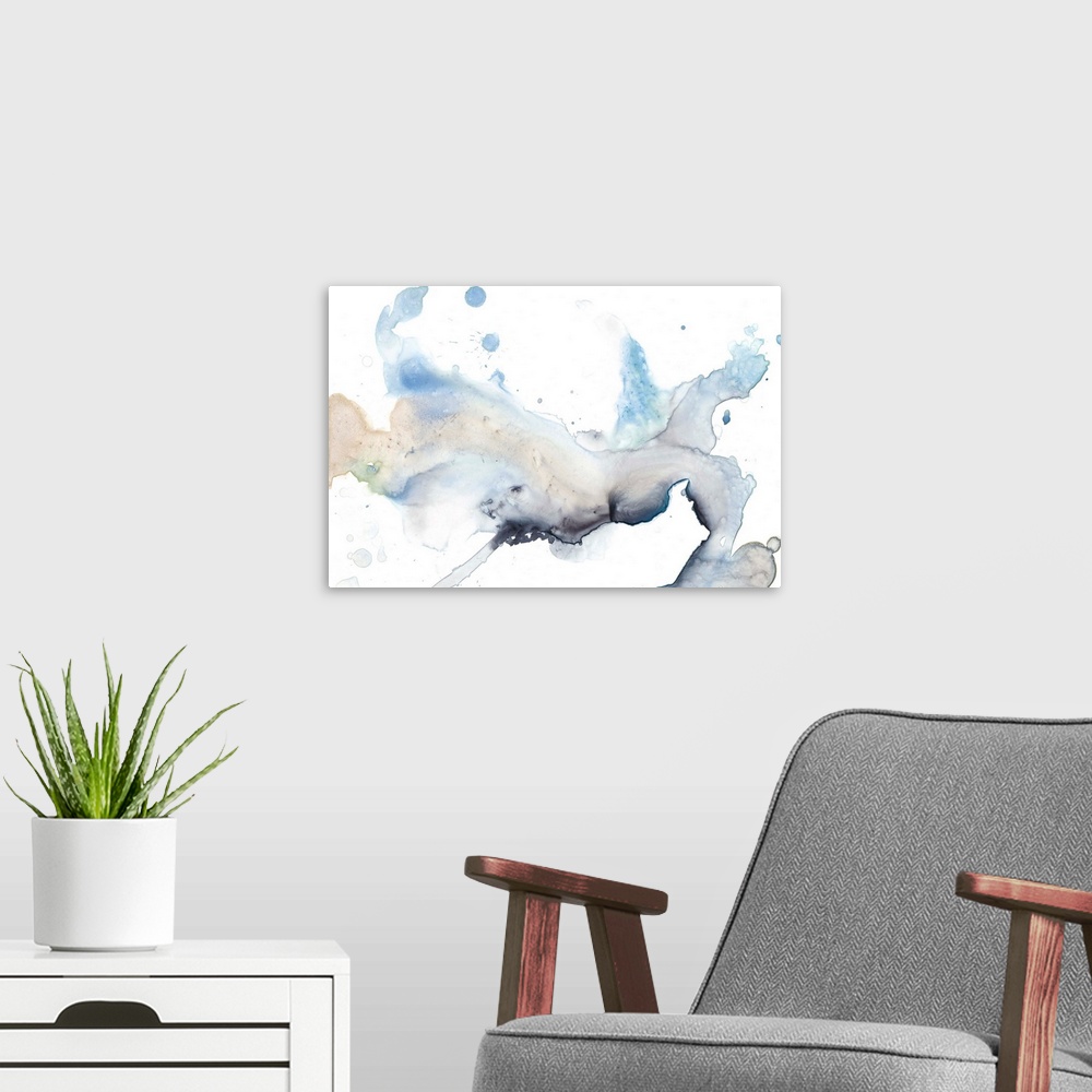 A modern room featuring Abstract watercolor painting of flowing pale blue and grey color.