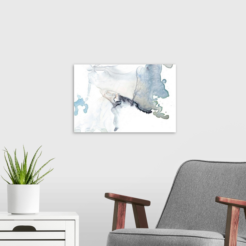 A modern room featuring Abstract watercolor painting of flowing pale blue and grey color.