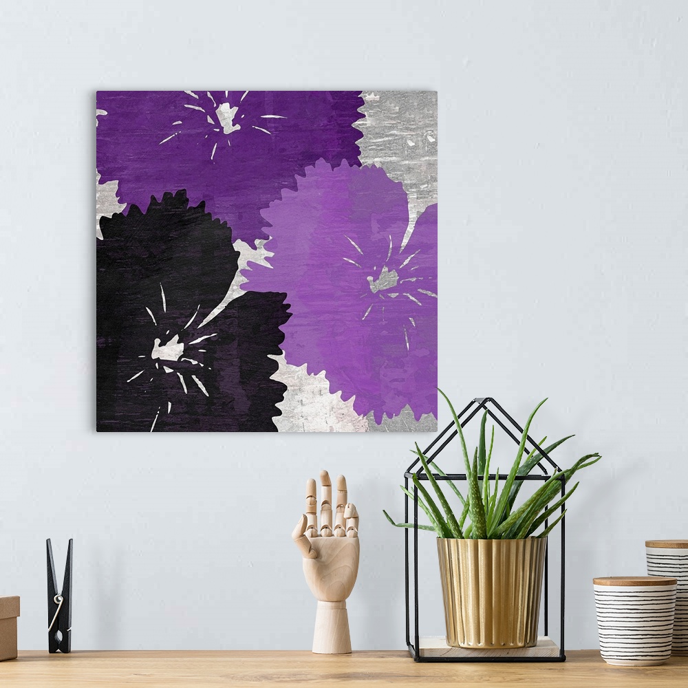 A bohemian room featuring Up-close painting of three overlapping flower blooms.