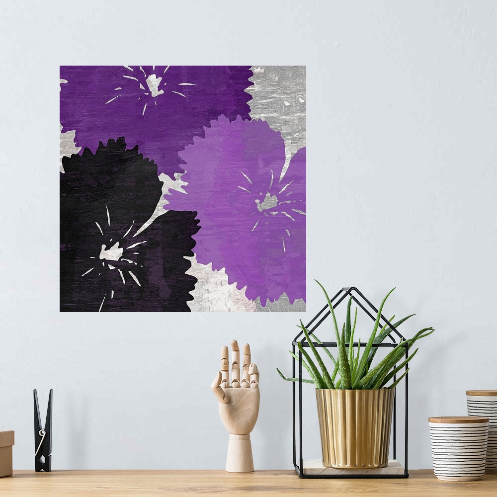 A bohemian room featuring Up-close painting of three overlapping flower blooms.
