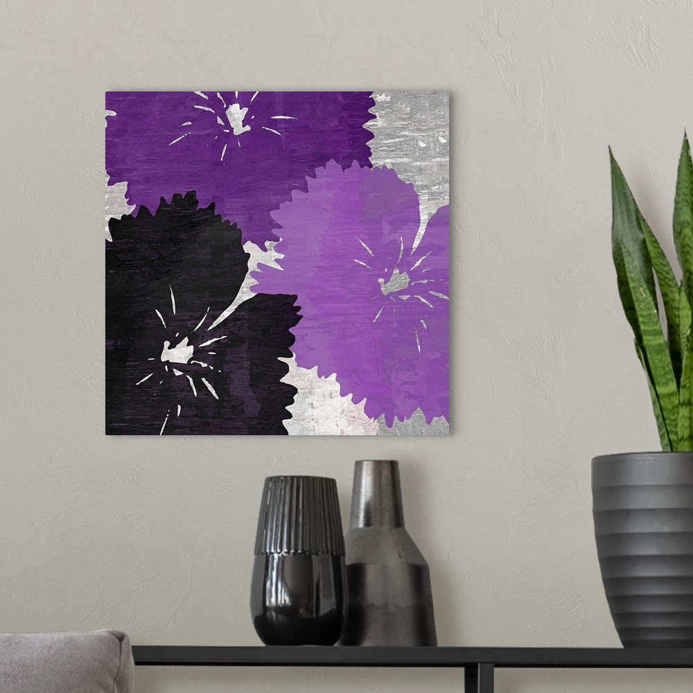 A modern room featuring Up-close painting of three overlapping flower blooms.