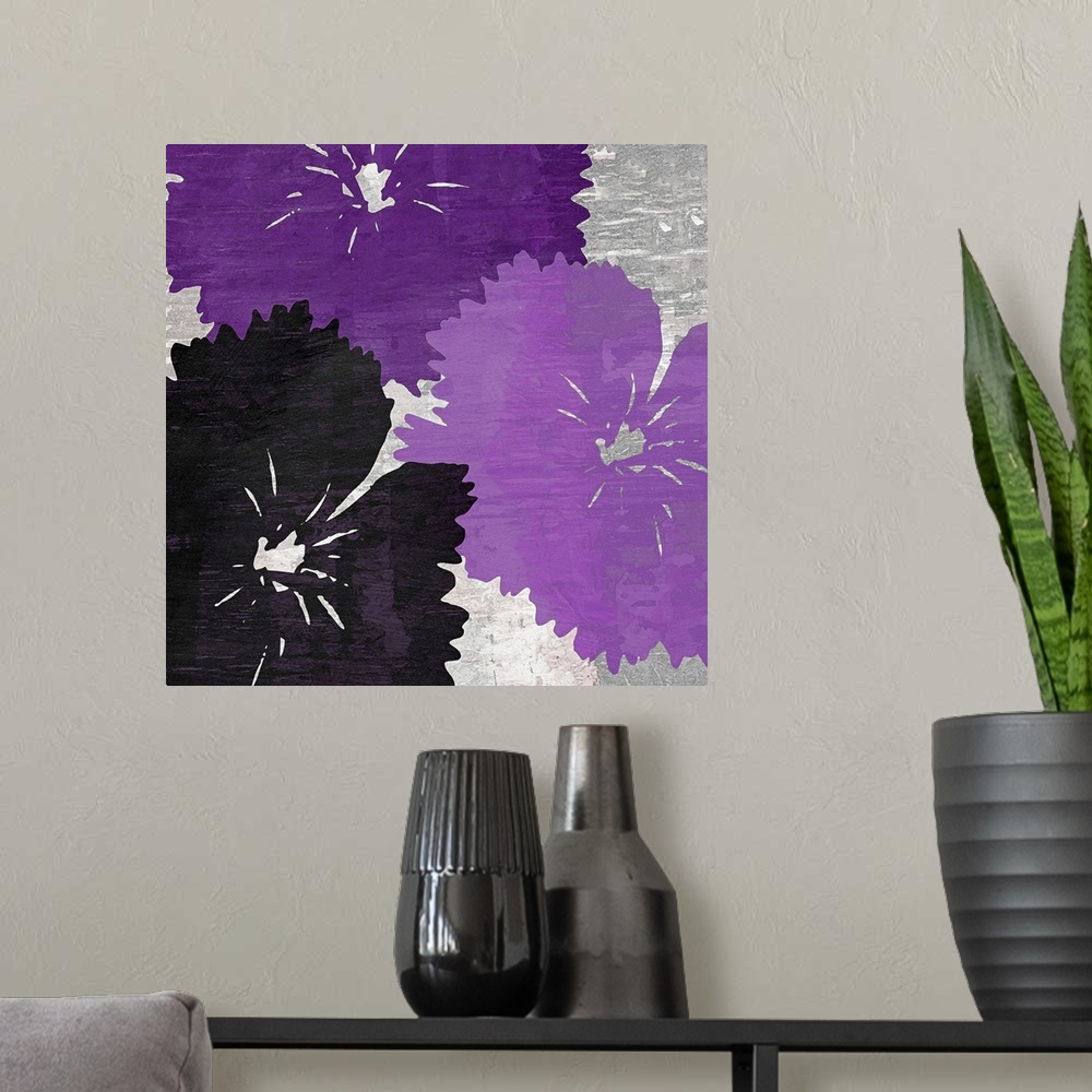 A modern room featuring Up-close painting of three overlapping flower blooms.