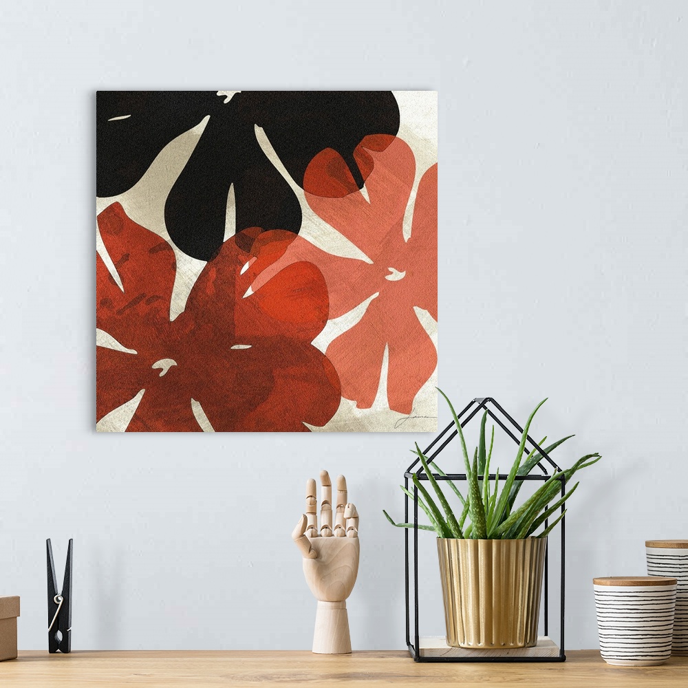 A bohemian room featuring Red and black semi-transparent flowers against a neutral background.