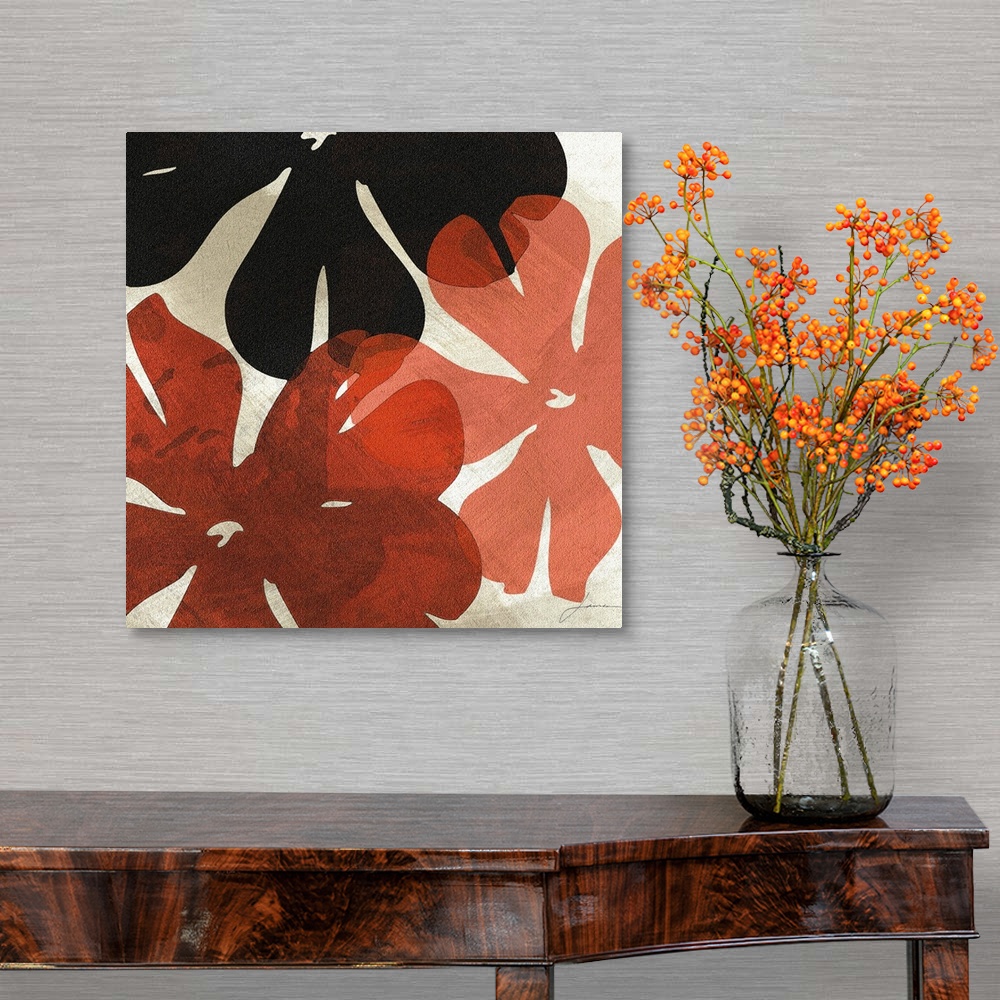 A traditional room featuring Red and black semi-transparent flowers against a neutral background.