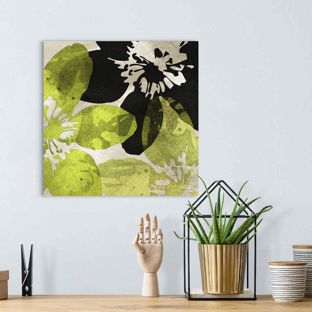 A bohemian room featuring Green and black semi-transparent flowers against a neutral background.