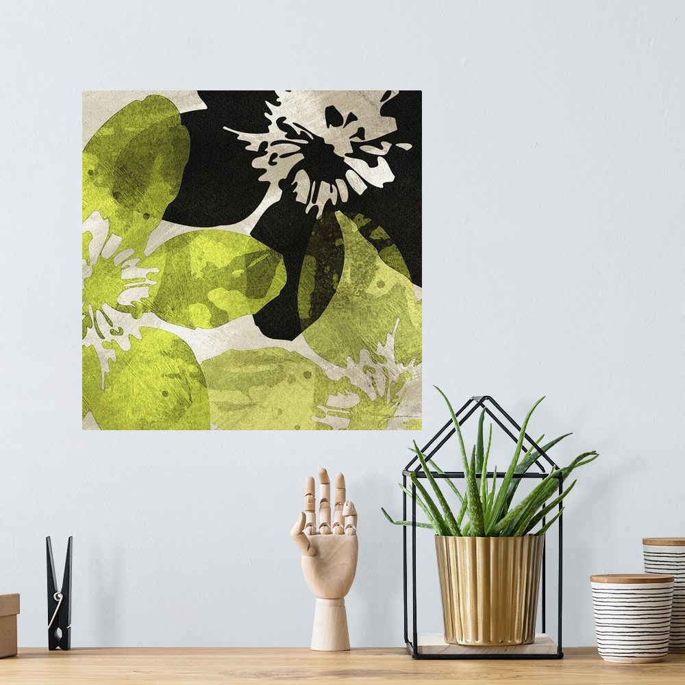 A bohemian room featuring Green and black semi-transparent flowers against a neutral background.