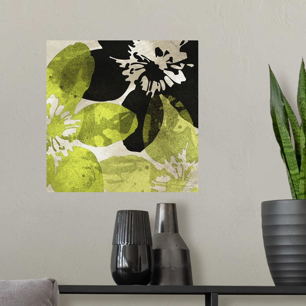 A modern room featuring Green and black semi-transparent flowers against a neutral background.