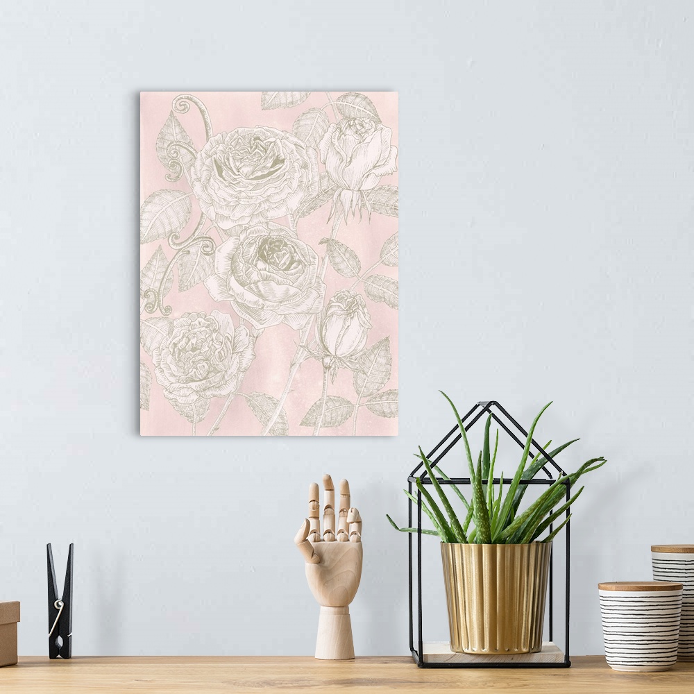 A bohemian room featuring This decorative artwork features illustrated roses in subdued beige and white over a soft pink ba...