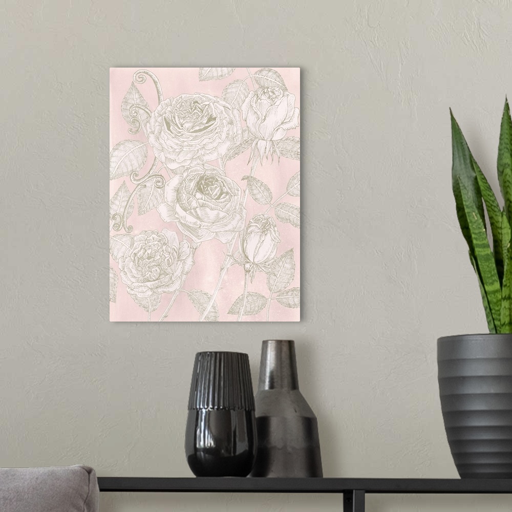 A modern room featuring This decorative artwork features illustrated roses in subdued beige and white over a soft pink ba...