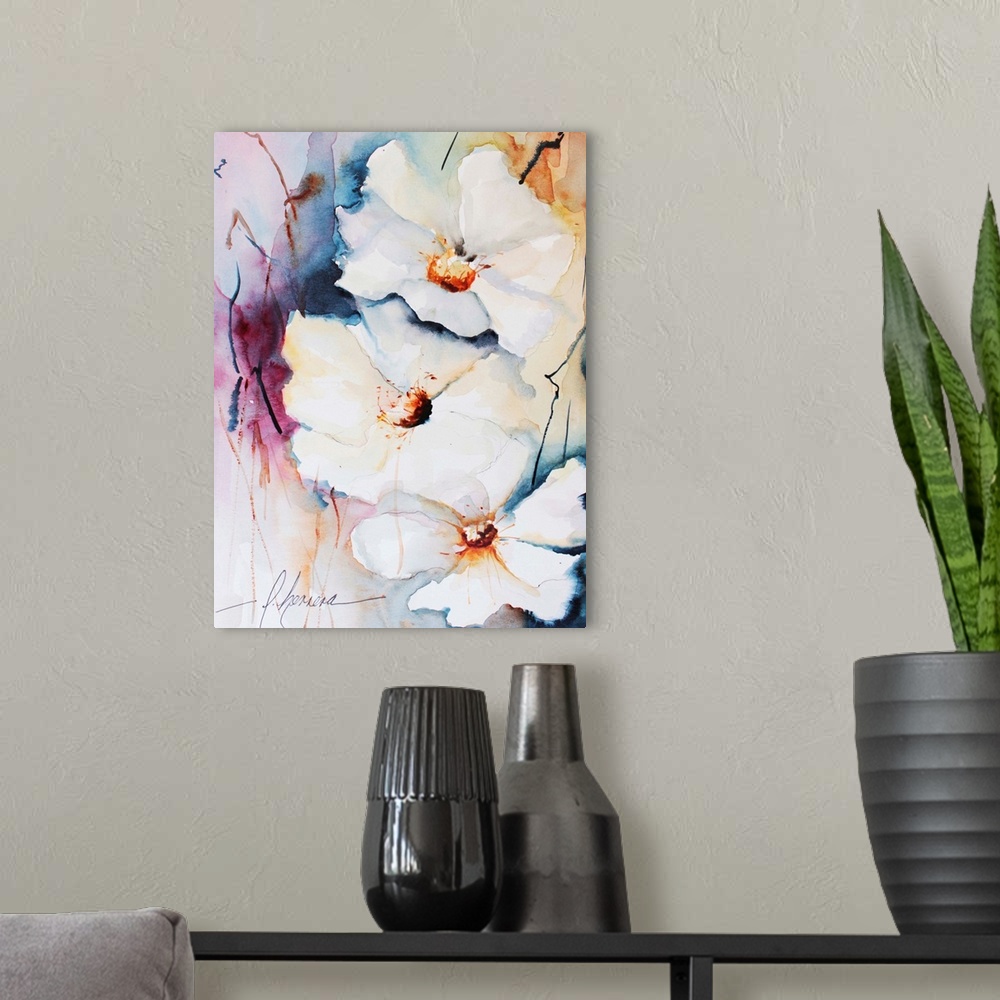 A modern room featuring Watercolor painting of white flowers against a colorful background.