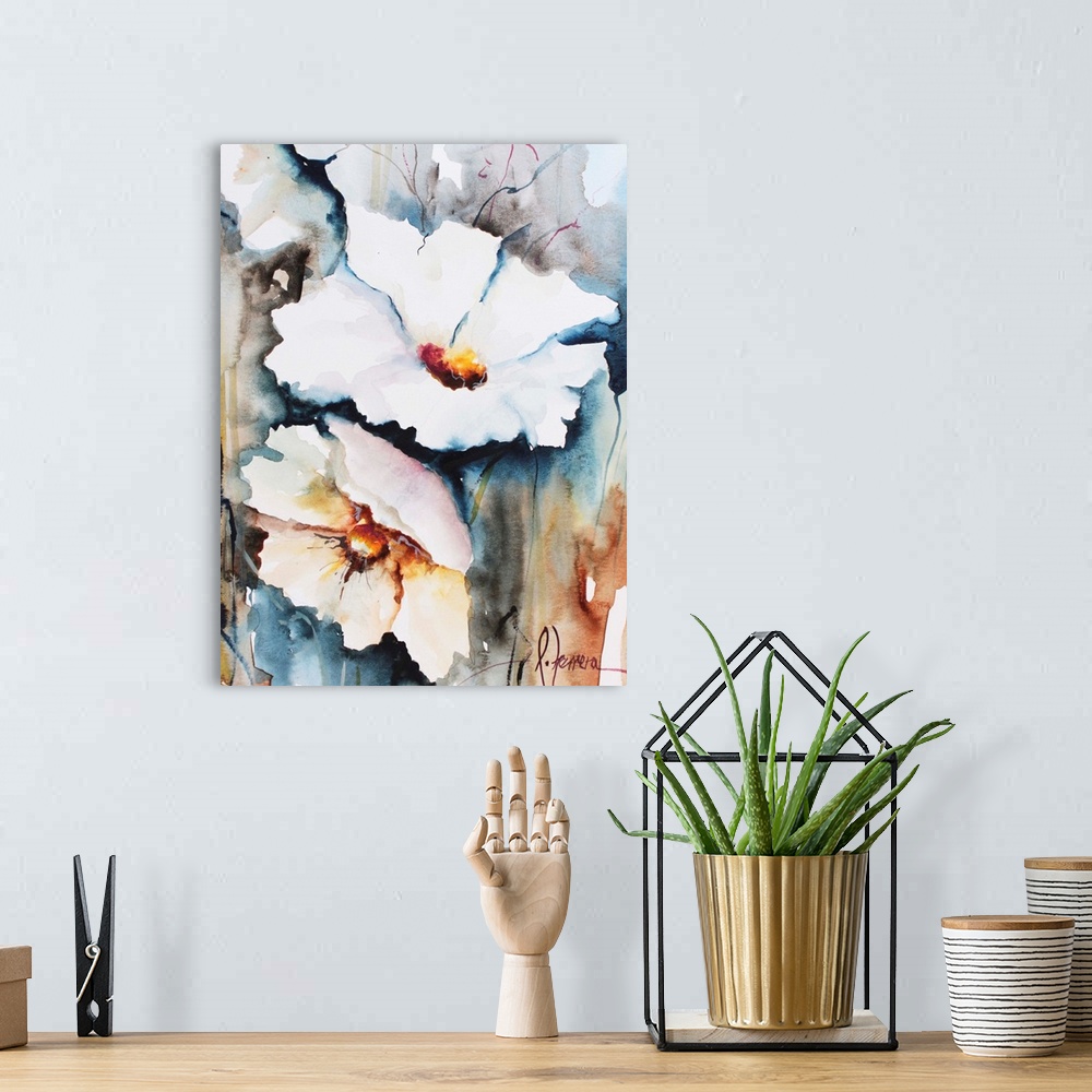A bohemian room featuring Watercolor painting of white flowers against a colorful background.
