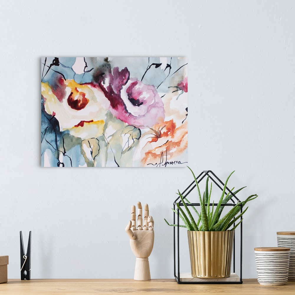 A bohemian room featuring Watercolor painting of a flowers against a colorful background.