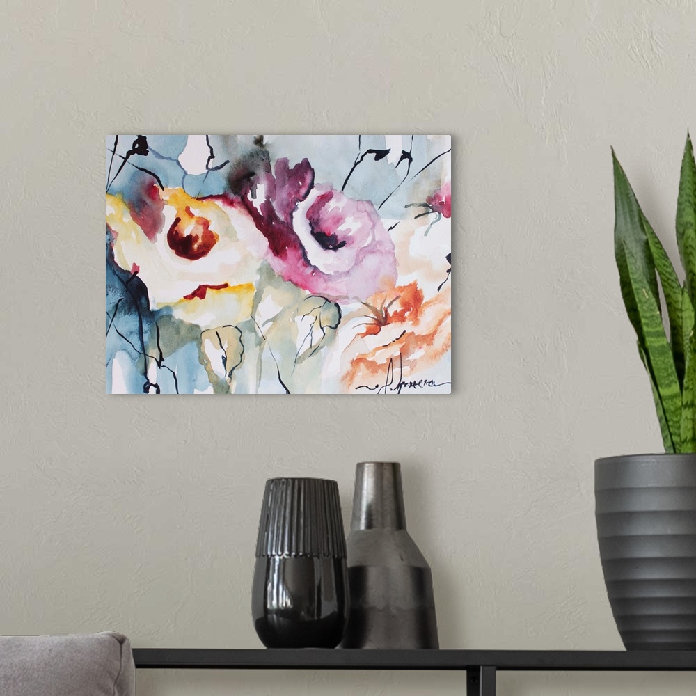 A modern room featuring Watercolor painting of a flowers against a colorful background.