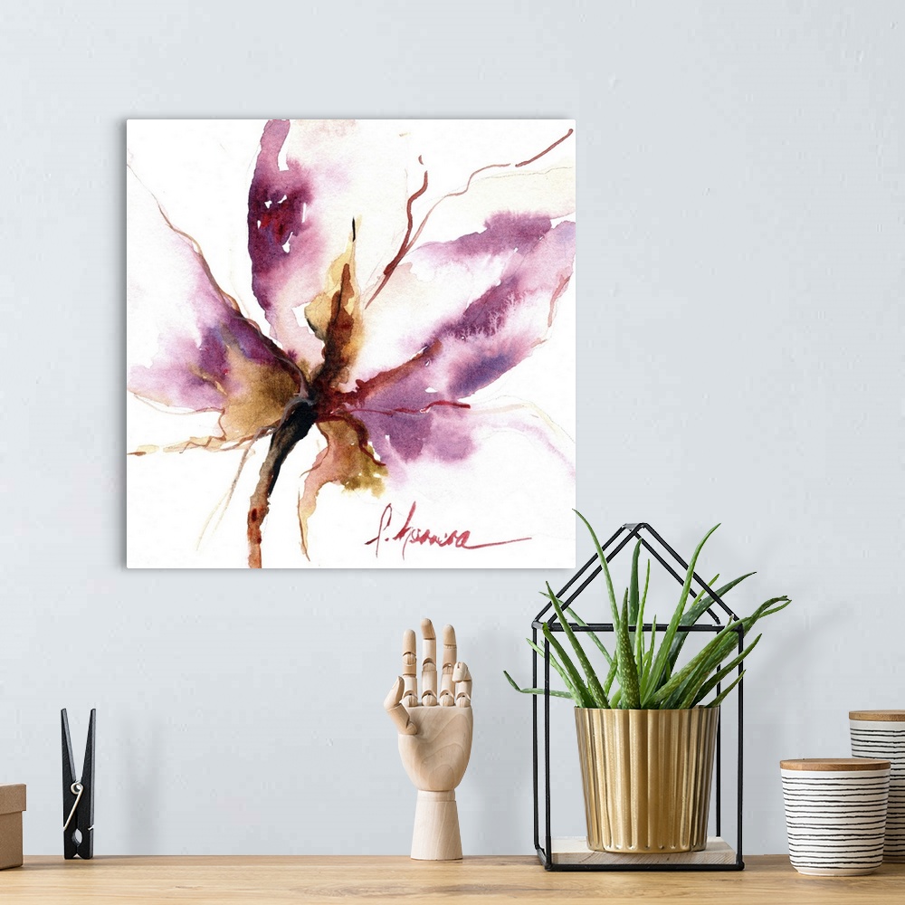 A bohemian room featuring Contemporary watercolor painting of an abstract floral against a white background.