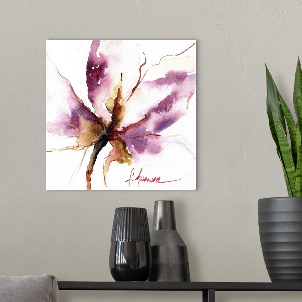 A modern room featuring Contemporary watercolor painting of an abstract floral against a white background.