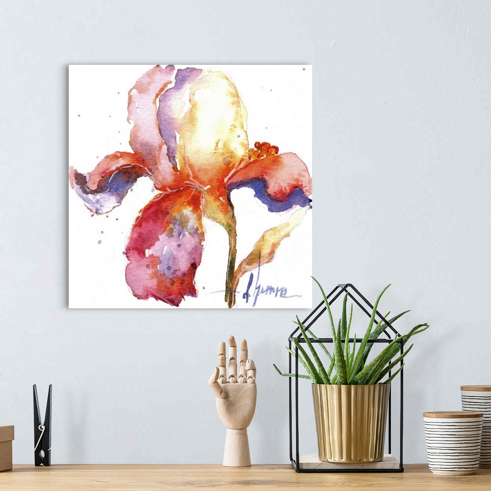 A bohemian room featuring Contemporary watercolor painting of an abstract floral against a white background.
