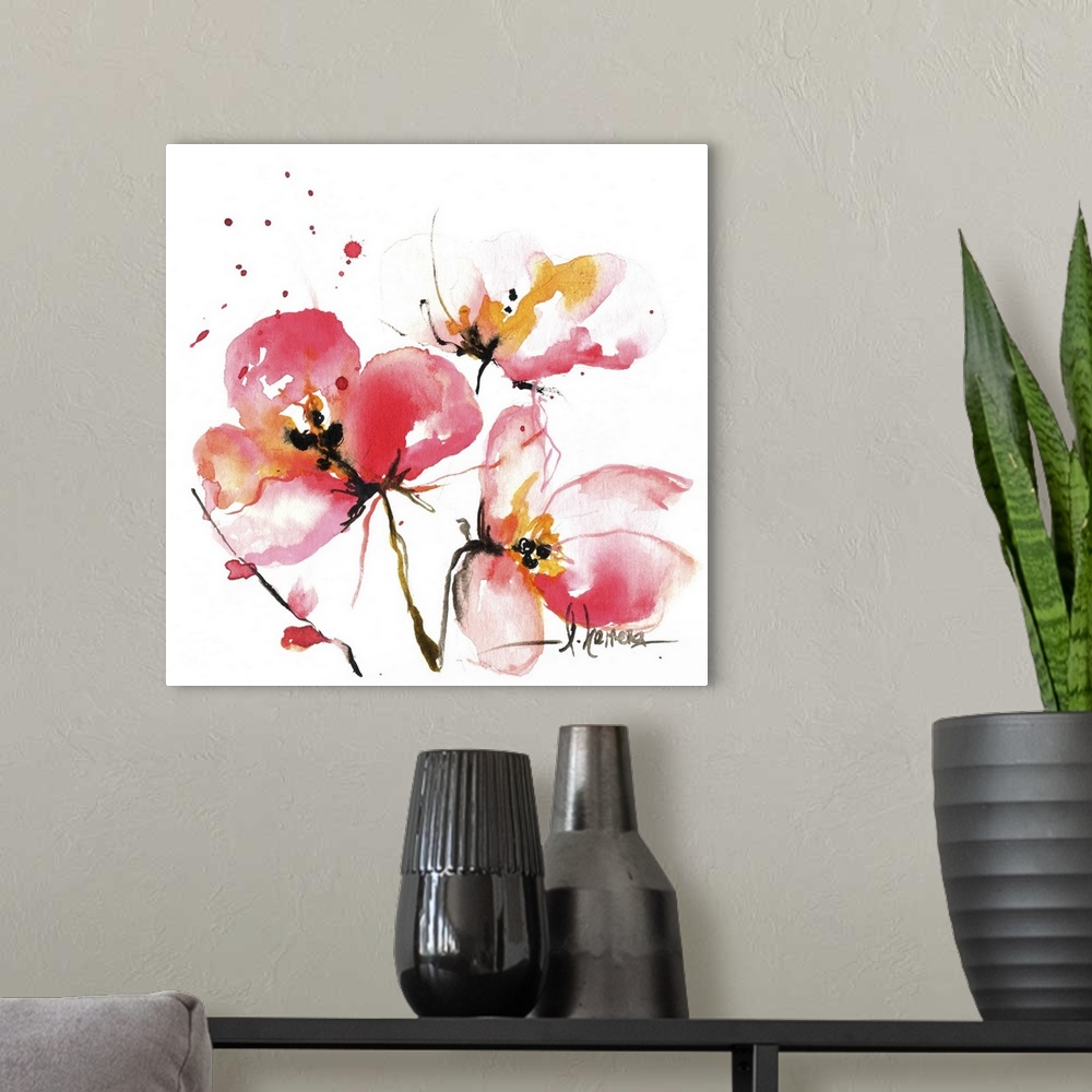 A modern room featuring Contemporary watercolor painting of an abstract floral against a white background.