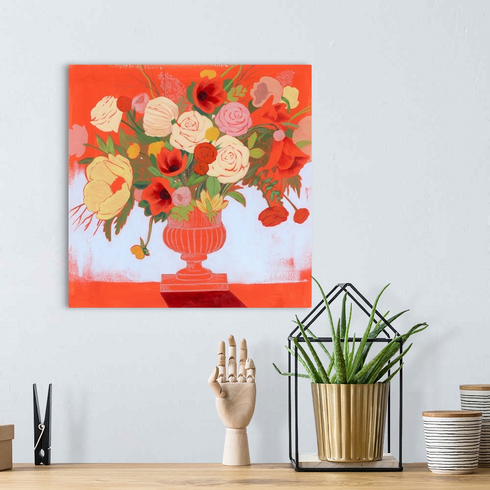 A bohemian room featuring Contemporary still life of a vase of flowers in vibrant red hues.