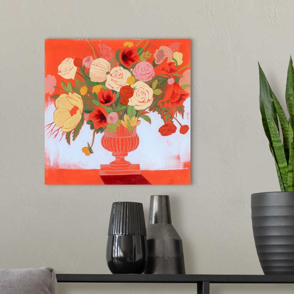 A modern room featuring Contemporary still life of a vase of flowers in vibrant red hues.