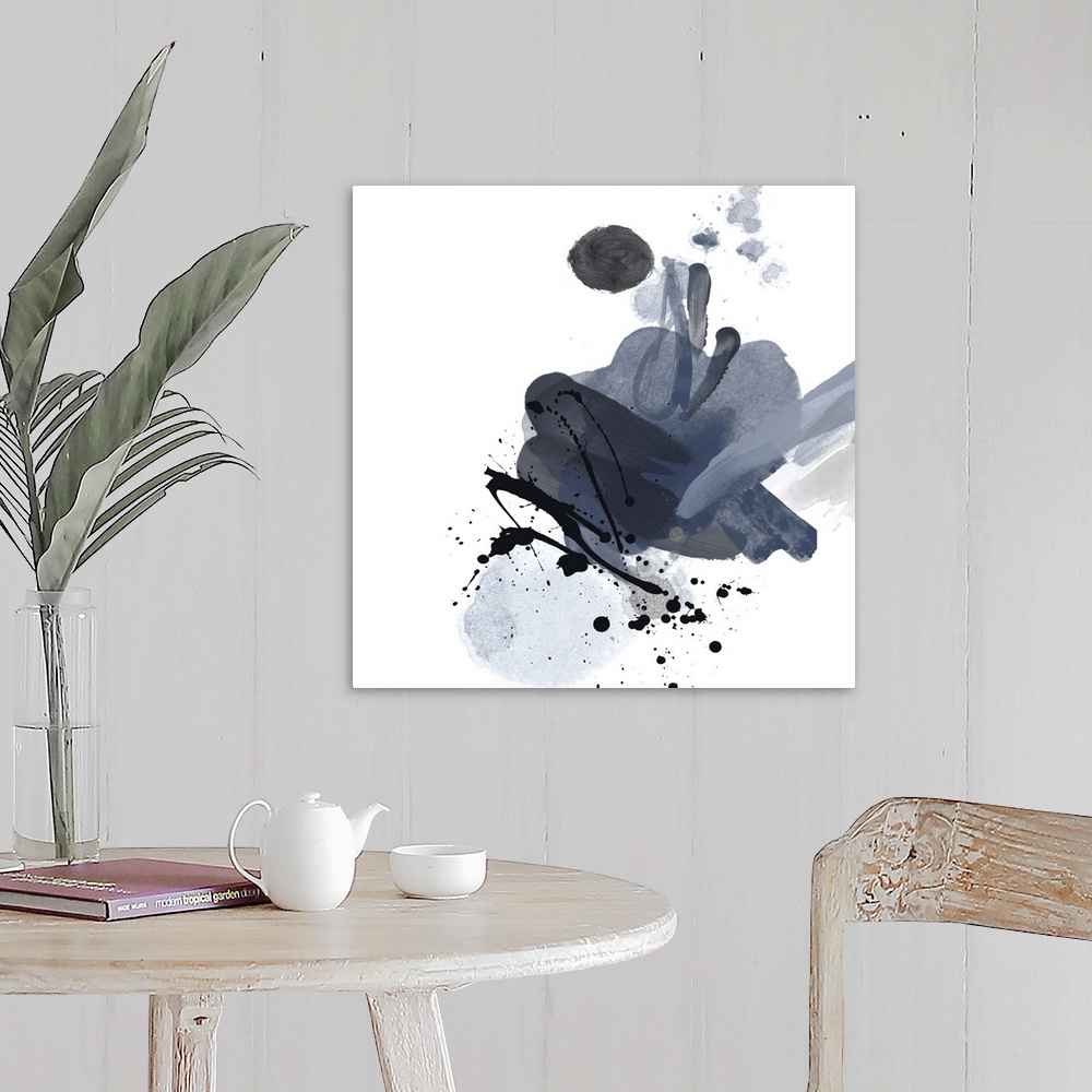 A farmhouse room featuring This expressive abstract painting features black paint splatters over broad brush strokes in shad...