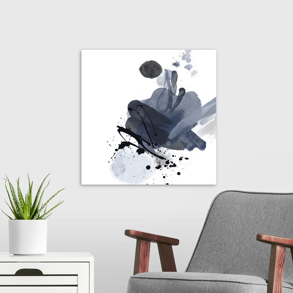 A modern room featuring This expressive abstract painting features black paint splatters over broad brush strokes in shad...