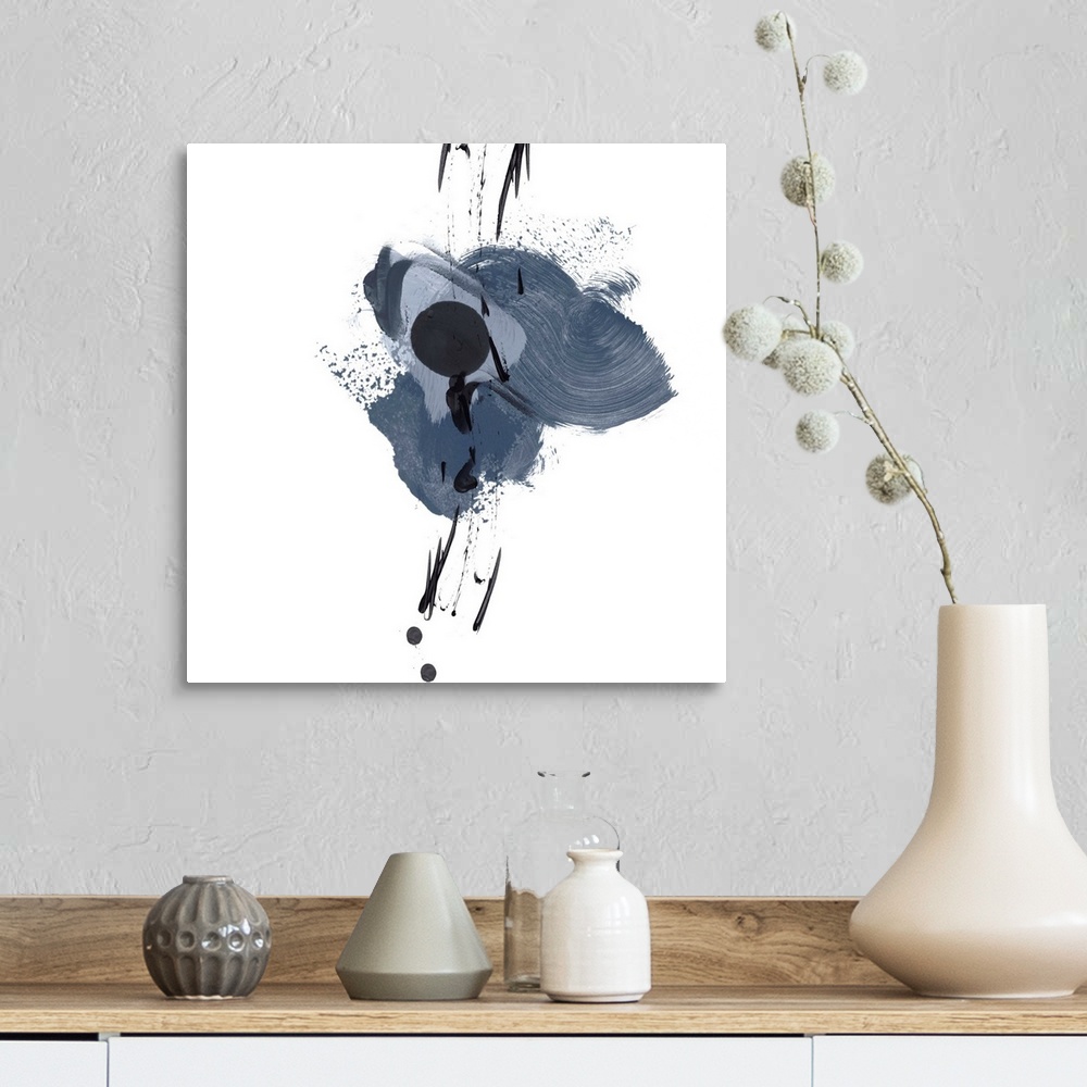 A farmhouse room featuring This expressive abstract painting features black paint splatters over broad brush strokes in shad...