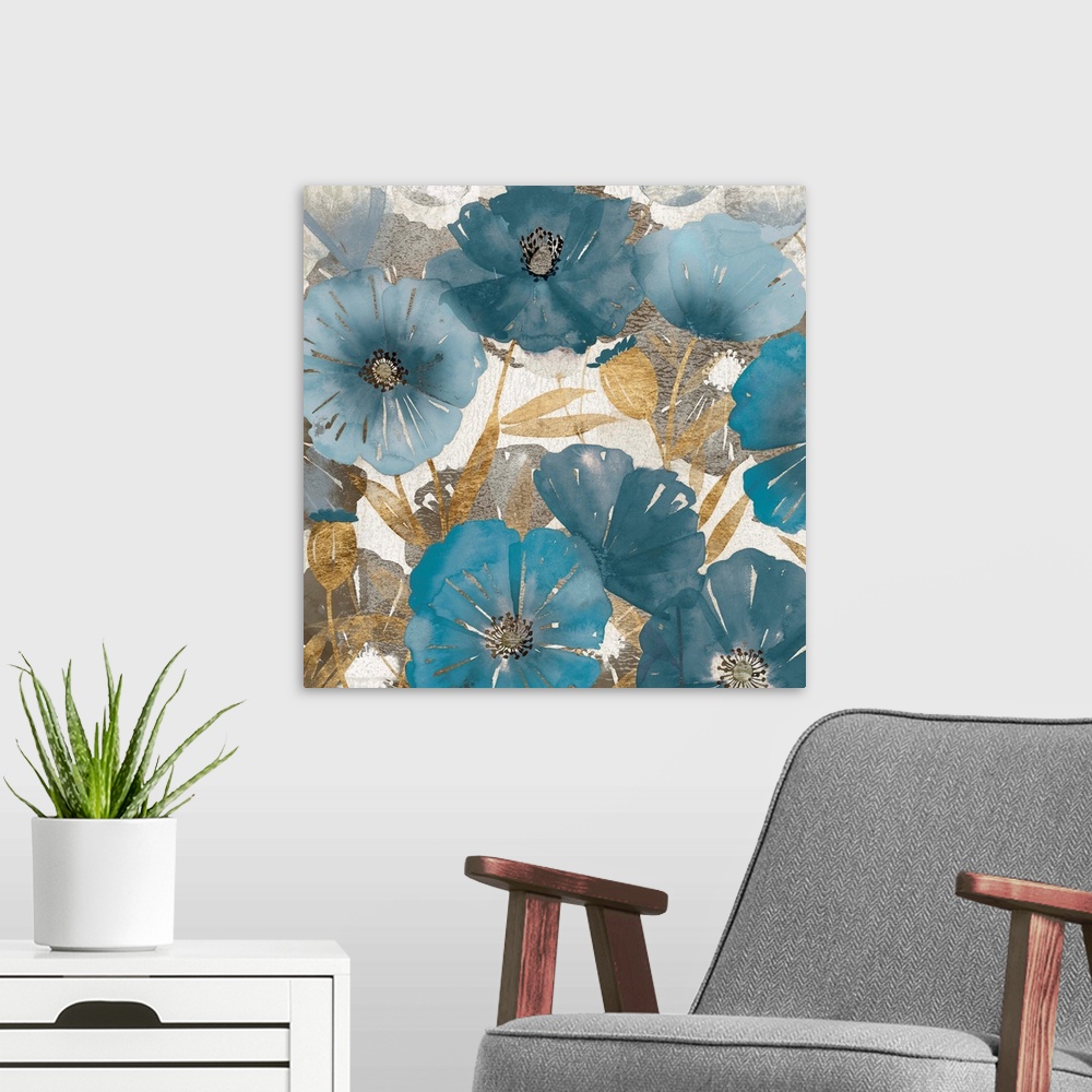 A modern room featuring Blue and Gold Poppies I