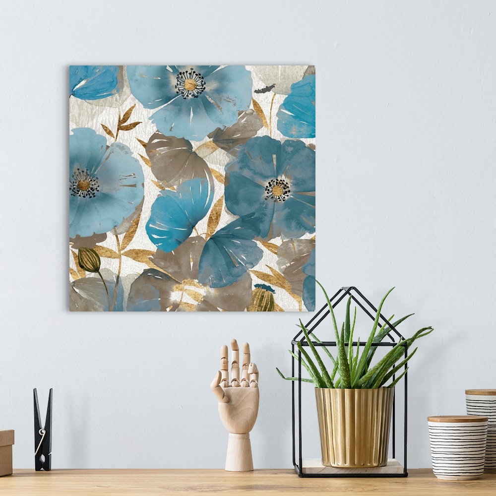 A bohemian room featuring Blue and Gold Poppies II