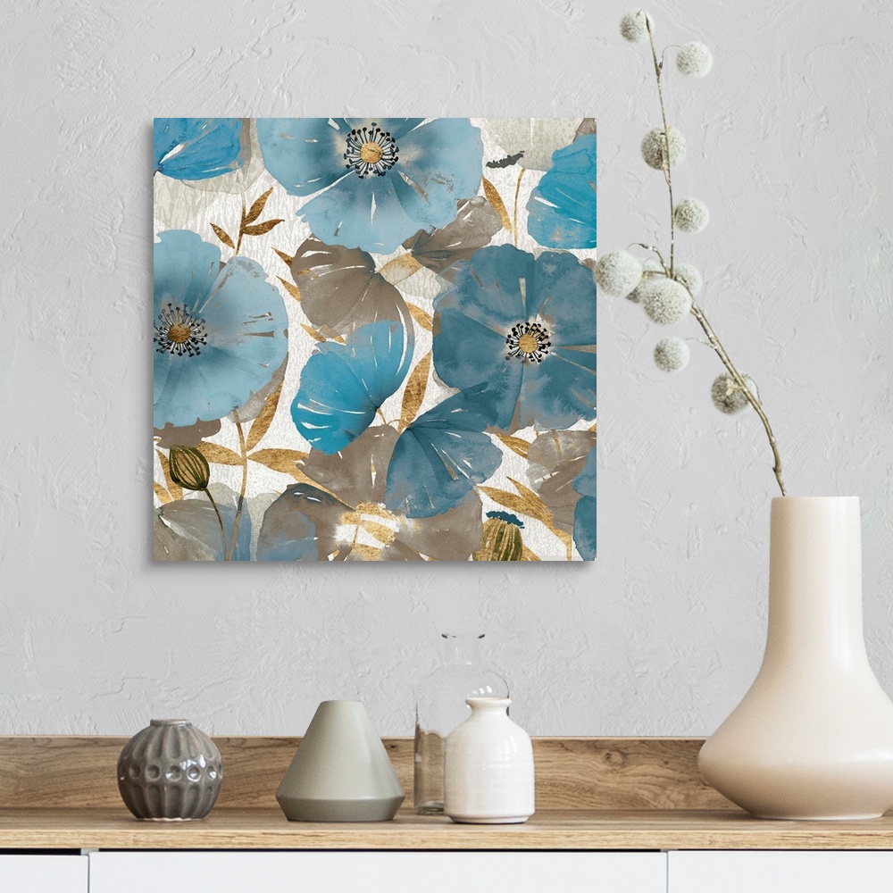 A farmhouse room featuring Blue and Gold Poppies II