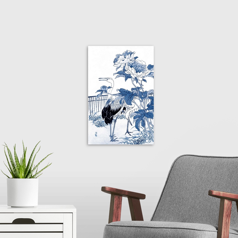 A modern room featuring Blue and White Asian Garden I