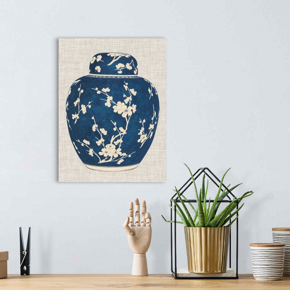 A bohemian room featuring Blue and White Ginger Jar on Linen I