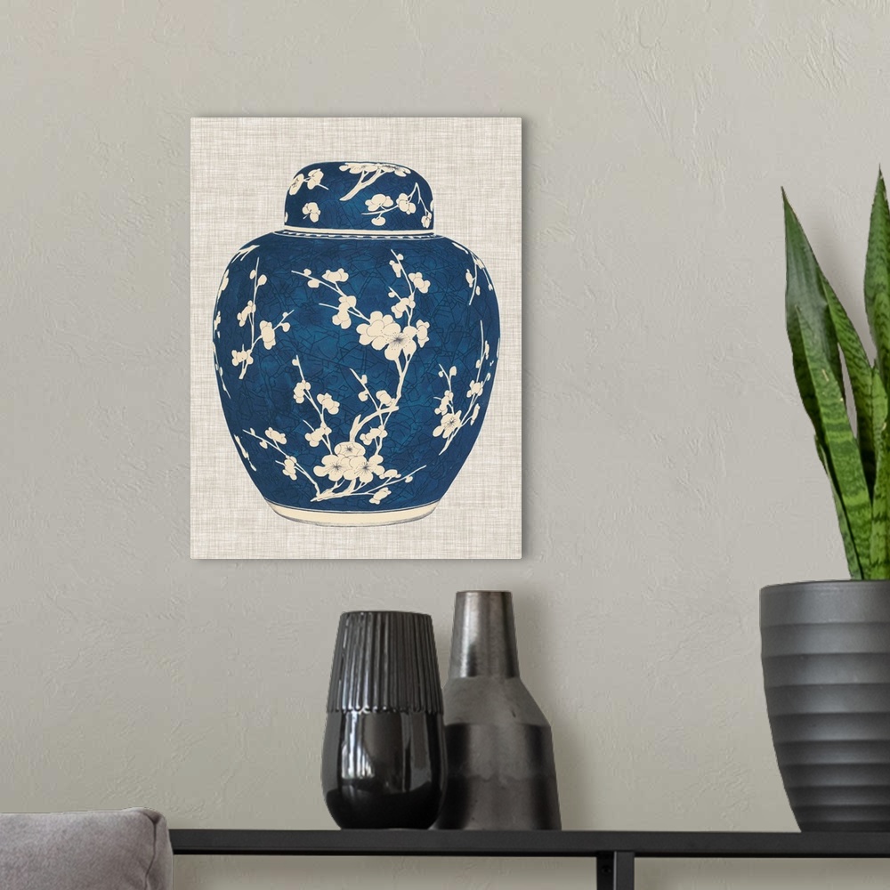 A modern room featuring Blue and White Ginger Jar on Linen I