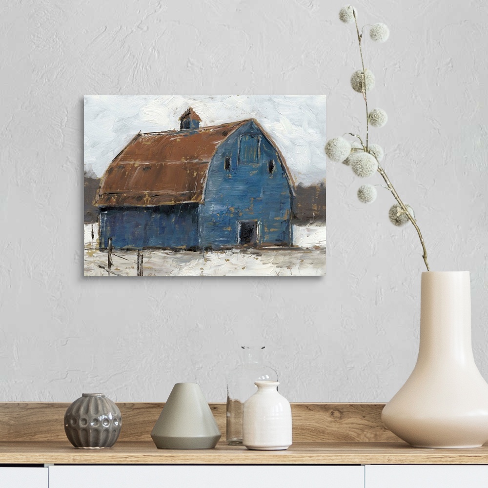 A farmhouse room featuring A cool, wintery image of a large denim-blue barn with a rusty brown roof on snowy ground under a ...