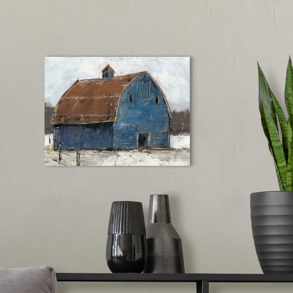 A modern room featuring A cool, wintery image of a large denim-blue barn with a rusty brown roof on snowy ground under a ...