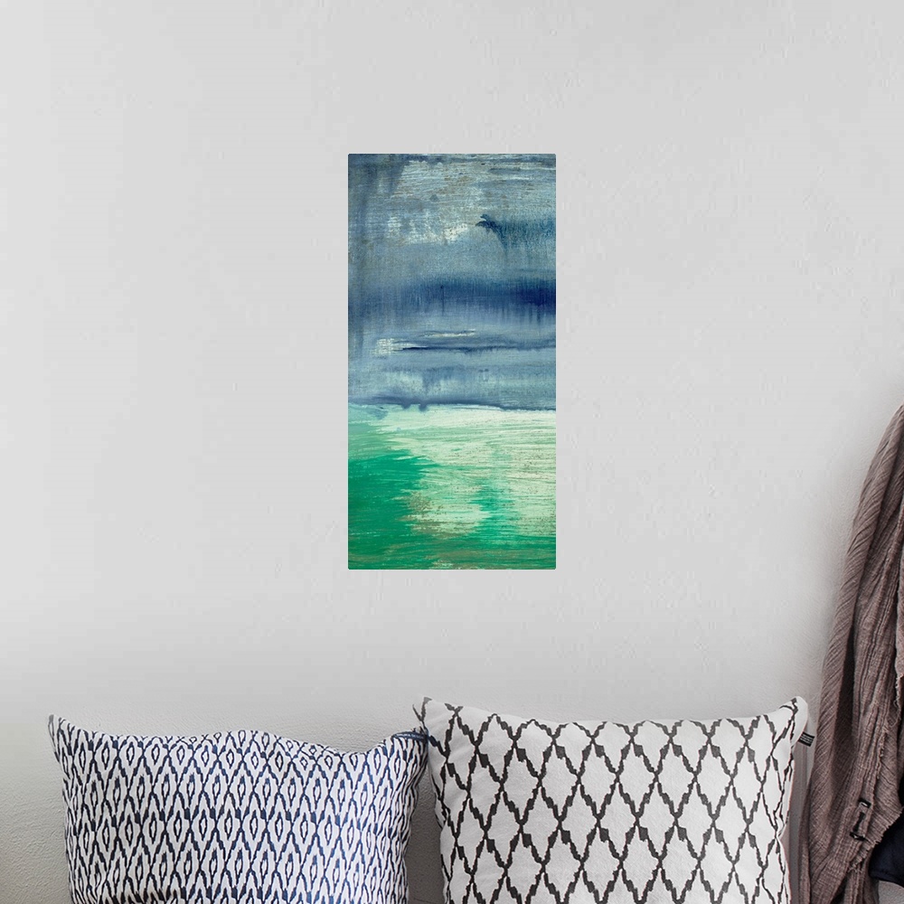 A bohemian room featuring An abstracted painting of a waterscape with cool, blue tones.