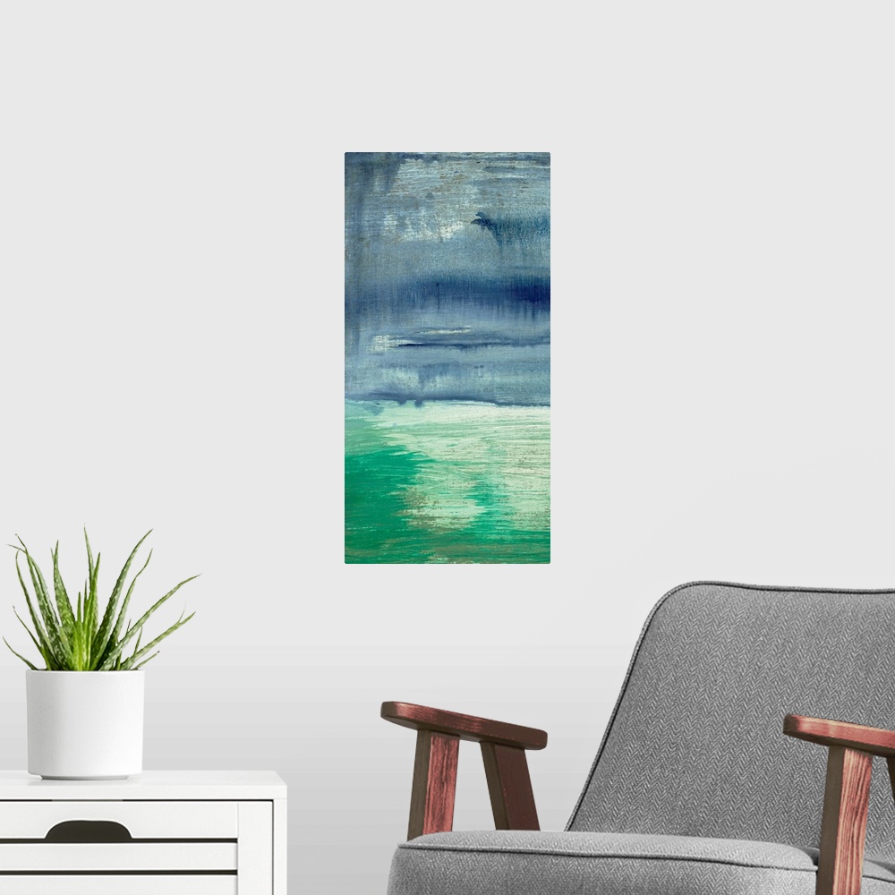 A modern room featuring An abstracted painting of a waterscape with cool, blue tones.