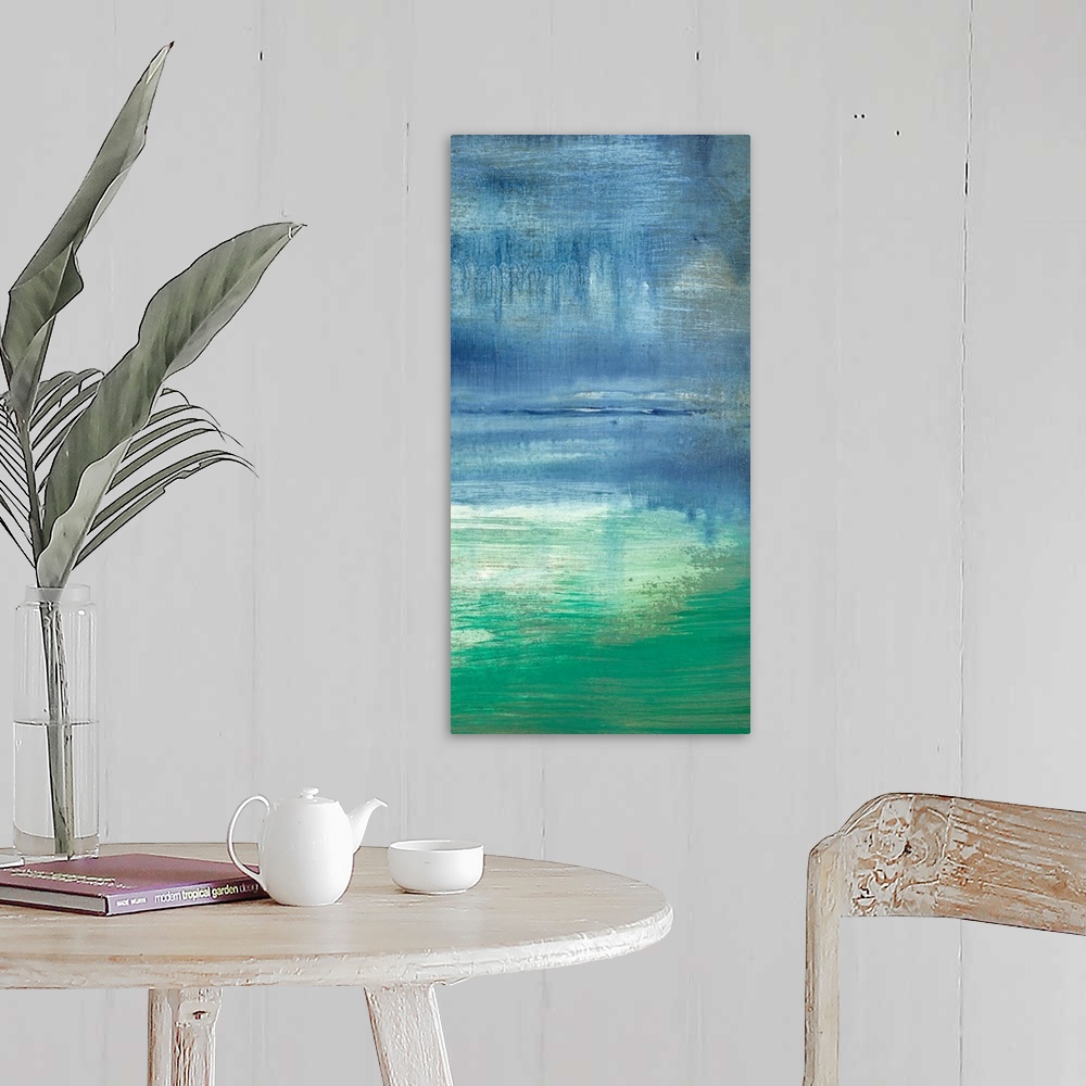 A farmhouse room featuring Vertical abstract painting of a turquoise bay with a hazy sky and pastel water, with the subtle r...