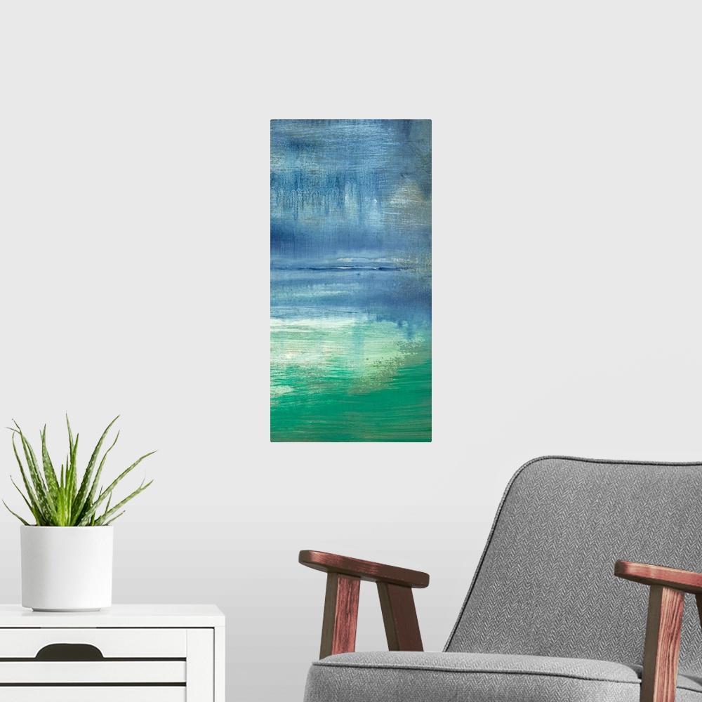 A modern room featuring Vertical abstract painting of a turquoise bay with a hazy sky and pastel water, with the subtle r...