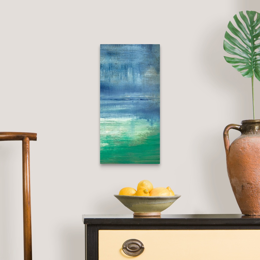 A traditional room featuring Vertical abstract painting of a turquoise bay with a hazy sky and pastel water, with the subtle r...