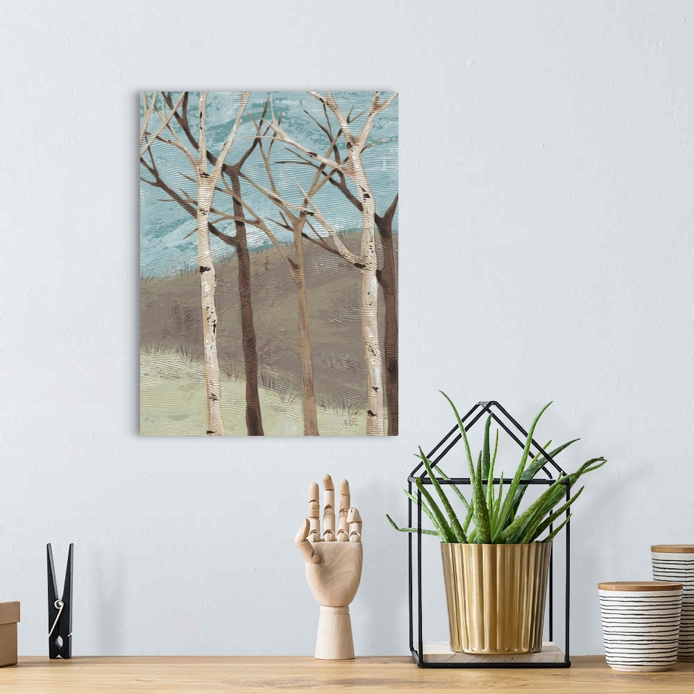 A bohemian room featuring Contemporary painting of bare branched birch trees against a blue and brown background.