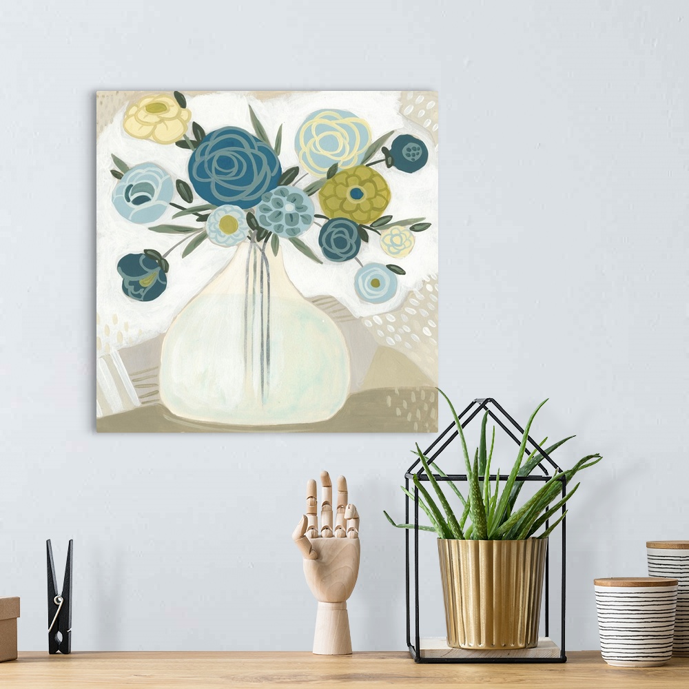 A bohemian room featuring Thin brush strokes over solid circular shapes create blue and yellow flowers arranged in a clear ...